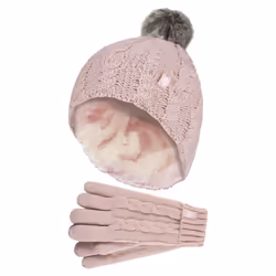 Heat Holders - Girls Thermal Warm Cosy Turnover Hat & Gloves Set - Dusky Pink