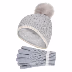 Heat Holders - Girls Winter Warm Thermal Bobble Beanie Hat & Gloves - Cloud Grey