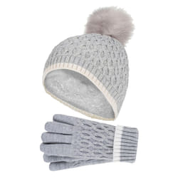 Heat Holders - Girls Winter Warm Thermal Bobble Beanie Hat & Gloves - Cloud Grey