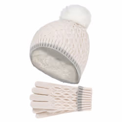 Heat Holders - Girls Winter Warm Thermal Bobble Beanie Hat & Gloves - Buttercream