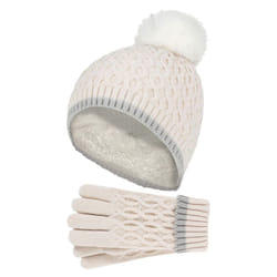Heat Holders - Girls Winter Warm Thermal Bobble Beanie Hat & Gloves - Buttercream