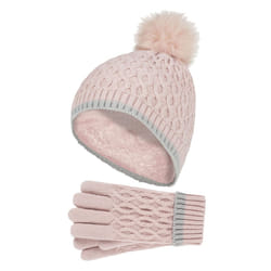 Heat Holders - Girls Winter Warm Thermal Bobble Beanie Hat & Gloves - Dusky Pink