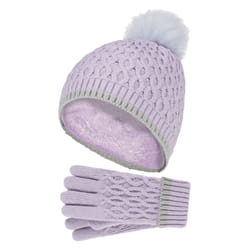 Heat Holders - Girls Winter Warm Thermal Bobble Beanie Hat & Gloves - Lavender Frost