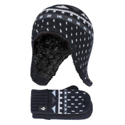 Heat Holders - Boys Outdoor Thermal Faux Fur Bobble Hat & Mittens Set - Black