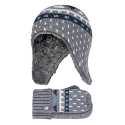 Heat Holders - Boys Outdoor Thermal Faux Fur Bobble Hat & Mittens Set - Pebble Melange