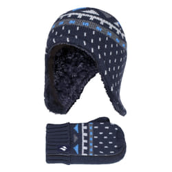Heat Holders - Boys Outdoor Thermal Faux Fur Bobble Hat & Mittens Set - Navy