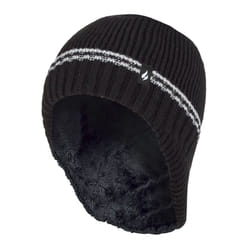 Heat Holders - Boys Ribbed Thermal Winter Pom Pom Hat with Ear Flaps - Black