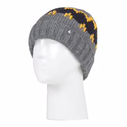 Heat Holders - Boys Thick Ribbed Patterned Knitted Soft Beanie Hat - 7-10 Years, Pebble Melange/Gold/Navy