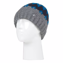 Heat Holders - Boys Thick Ribbed Patterned Knitted Soft Beanie Hat - 7-10 Years, Pebble Melange/Teal/Navy