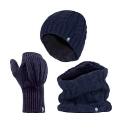 Heat Holders - Ladies Fleece Lined Thermal Winter Hat, Neck Warmer & Converter Gloves Set - One Size, Navy