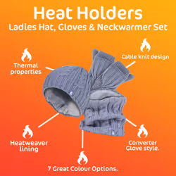 Heat Holders - Ladies Fleece Lined Thermal Winter Hat, Neck Warmer & Converter Gloves Set - One Size, Blue