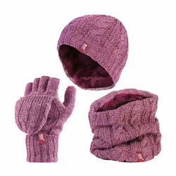 Heat Holders - Ladies Fleece Lined Thermal Winter Hat, Neck Warmer & Converter Gloves Set - One Size, Rose