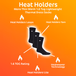 Heat Holders - 3 Pairs Mens Thin Lightweight Thermal Dress Socks for Winter - 6-11 UK, Charcoal