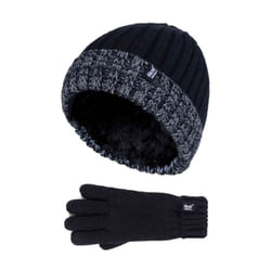 Heat Holders - Children Winter Warm Fleece Lined Knit Turn Over Cuff Ribbed Hat & Gloves Set - 11+ Years, BS2P9710