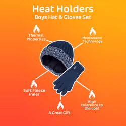 Heat Holders - Children Winter Warm Fleece Lined Knit Turn Over Cuff Ribbed Hat & Gloves Set - 11+ Years, BS2P9710