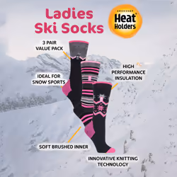 Heat Holders - 3 Pack Ladies Patterned Lightweight Thin 2.3 TOG Thermal Knee High Ski Socks - 4-8 UK, Black Fairisle