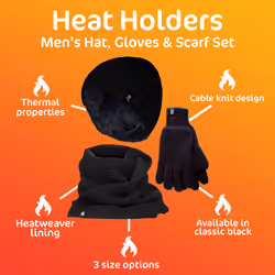 Heat Holders - Mens Knitted Beanie Hat Scarf Gloves Set for Cold Weather - S/M, Black