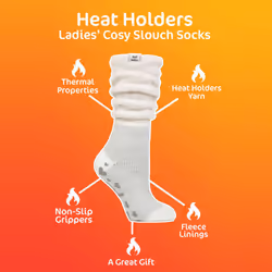 Heat Holders - Ladies Fluffy Slouch Top Non Slip Thermal Bed Socks - 4-8 UK, Cream/Silver