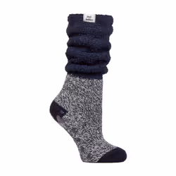 Heat Holders - Ladies Fluffy Slouch Top Non Slip Thermal Bed Socks - 4-8 UK, Navy/Ivory