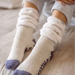Heat Holders - Ladies Fluffy Slouch Top Non Slip Thermal Bed Socks - 4-8 UK, Navy/Ivory