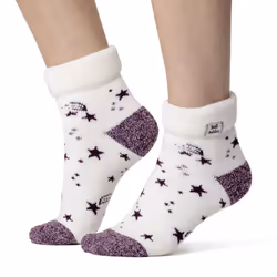 Heat Holders - Cozy Turn-Over Cuff Lounge Socks | Warm Winter Socks for Women - 4-8 UK, Ivory/Cabernet Stars