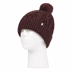 Heat Holders - Cozy Pom Pom Bobble Hat for Women | Cable Knit Beanie with Fleece Lining - One Size, Wine