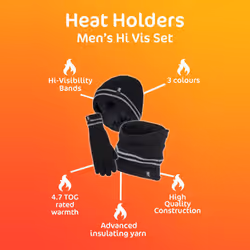 Heat Holders - Mens Reflective Cold Weather Workwear Set: Hat, Neck Warmer & Gloves - S/M, Black