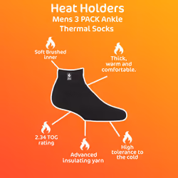 Heat Holders - 3 Pairs Mens 2.3 TOG Non Slip Low Cut Ankle Thermal Slipper Socks - 12-14 UK, Charcoal