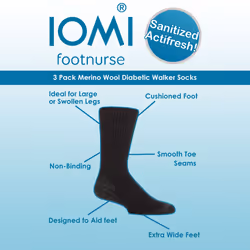 IOMI - 3 Pack Diabetic Walking Socks for Men | Extra Wide Wool Hiking Socks - 6-8 UK, Black