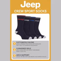 Jeep - Men's Cushioned Crew Socks - 4 Pack Sport Running Socks - 6-11 UK, Black