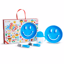 Be Happy Toddler Dining Set, Includes Suction Plate, Straw Cup and Utensil Set, Blue