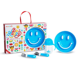 Be Happy Toddler Dining Set, Includes Suction Plate, Straw Cup and Utensil Set, Blue