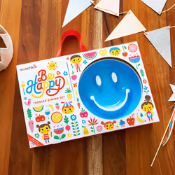 Be Happy Toddler Dining Set, Includes Suction Plate, Straw Cup and Utensil Set, Blue