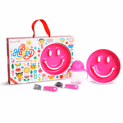 Be Happy Toddler Dining Set Includes Suction Plate Straw Cup and Utensil Set, Pink