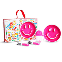 Be Happy Toddler Dining Set Includes Suction Plate Straw Cup and Utensil Set, Pink