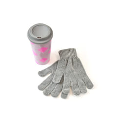 Patterned Travel Mug and Chenille Gloves Gift Set Christmas Party Gift Set - Pink/Grey