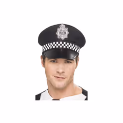 Smiffy's Police Panda Cap Fabric Check Band - Black - police cap hat panda fancy dress adults cop band