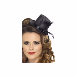 Black Ladies Mini Top Hat With Ribbon & Feather - mini hat black fancy dress feather tophat smiffys ribbon burlesque