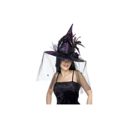 Purple Deluxe Spider Witch Hat W/ Satin Net & Feathers -  hat witch fancy dress deluxe feathers halloween ladies witches costume purple accessory