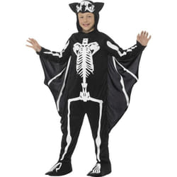 Bat Skeleton Costume, Black, with Hooded Bodysuit & Attached Wings