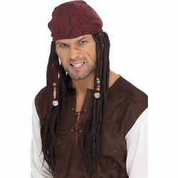 Adult's Brown Pirate Captain Wig - wig pirate brown scarf fancy dress mens smiffys caribbean
