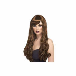 Long Brown Ladies Fringe Curly Desire Wig - long desire wig curly brown fancy dress ladies fringe accessory costume wavy gla ...