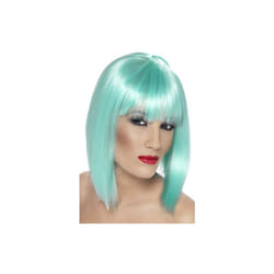 Short Neon Aqua Ladies Blunt Glam Wig With Fringe -  wig glam neon aqua smiffys short fancy dress ladies blunt fringe accessory costume