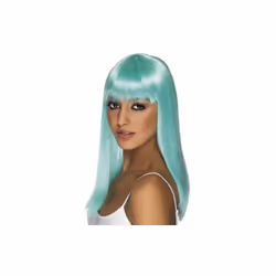 Women's Neon Aqua Straight Wig With Fringe -  wig long fancy dress glamourama ladies straight neon costume accessory aqua smi ...