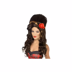 Large Brown Women's Smiffy's Beehive Wig With Large Flower - Rehab Smiffys - wig rehab brown beehive smiffys fancy dress amy ...
