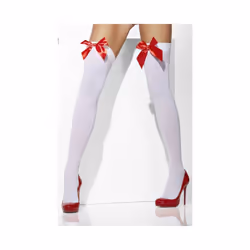 Adult's White Opaque Stockings - white stockings with red ladies hold opaque bows womens fancy dress ups holdups thigh