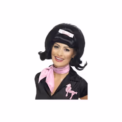 Smiffy's 50's Flicked Beehive Bob With Ribbon Bow - Black - Wig 50s Fancy Dress - beehive wig bob flicked black 50s fancy dr ...