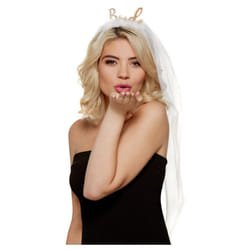 Bride Headband, White Veil with Gold Glitter 'Bride' and Feathers