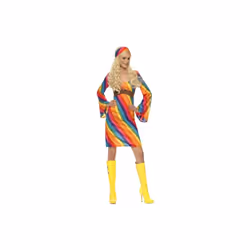 Smiffy's Adult Women's Rainbow Hippie Costume, Dress And Headband, 70's Disco, - dress costume hippie fancy rainbow hippy la ...