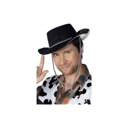 Smiffy's Cowboy Hat Flocked Plastic With Cord - Black -  hat cowboy plastic fancy dress flocked black mens cowboys costume smiffys cord